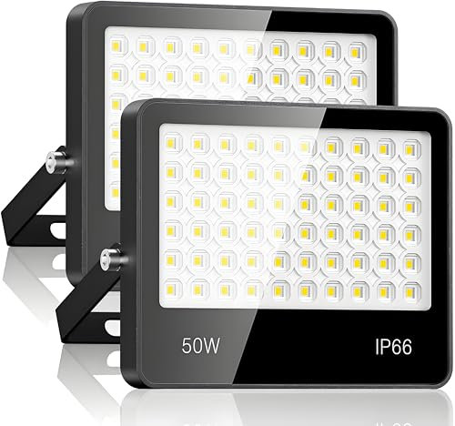 Faretto LED Da Esterno 50W 2 Pezzi - 5000LM 6500K Super Luminoso Bianco Freddo Faro LED Esterno, IP66 Impermeabile Luce Di Sicurezza per Stadio, Patio, Strada, Garage