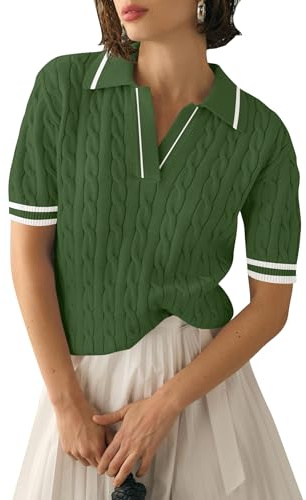 Micoson Suéter de manga corta para mujer, con solapa y cuello en V, camisa polo de verano 2026, blusa holgada de punto trenzado para negocios, trajes casuales, M