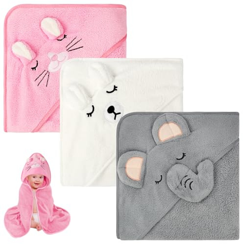 Aolso babyhandduk, 3 st babybadhanddukar med huva, 80 x 80 cm mjuka och absorberande handdukar med huva för barn nyfödda och spädbarn, baby shower gåvor (vit/grå/rosa)