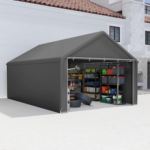 Aufun Carport Garagetält 4 x 6 m, vattentätt förvaringstält med PE-tak, rivbeständigt garagetält med avtagbara sidoväggar, UV-resistent resistent