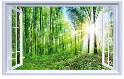 MUHJDYC Fausse Fenêtre Tableau-Paysage Impression sur Toile-Coucher Soleil Forêt-Nature Image Salon Déco Mural Salle de Bain 80x130cm Sans Cadre