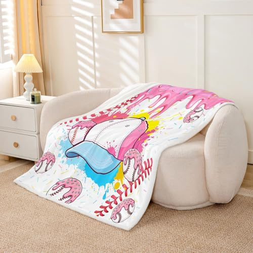 Loussiesd Manta de béisbol Sherpa de felpa rosa con diseño de helado, goteo, salpicaduras, manta de forro polar para niños y niñas, béisbol para cama, sofá, silla, sala de estar, sóftbol, dormitorio