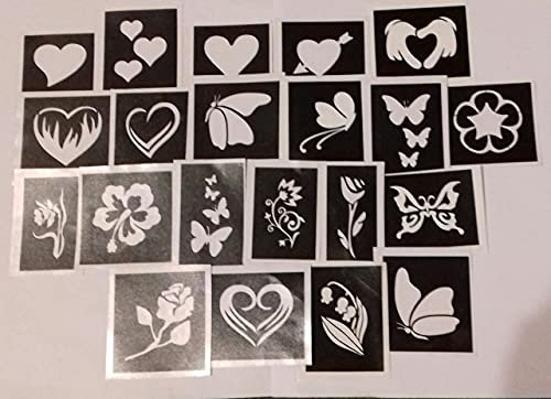 Dazzle Glitter Tatuaggi 50 x cuore & farfalla & fiore stencil misti per incisione su vetro regalo hobby vetreria regalo San Valentino amore