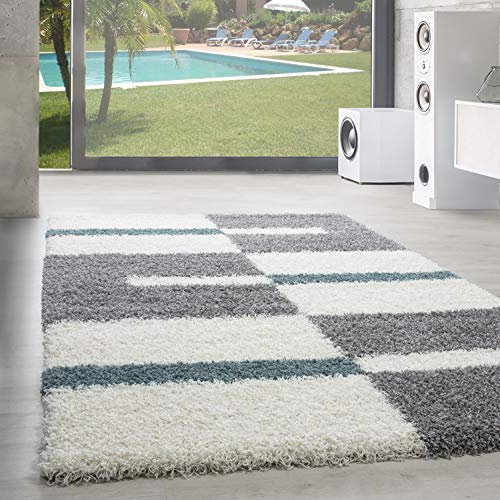 SIMPEX Wohnzimmer Teppich Shaggy und Flauschiger Moderne Kariert Design Türkis 200 x 290 cm - Teppich Schlafzimmer Extra Weich Pflegeleicht Waschbarer - Carpet Living Room Rug
