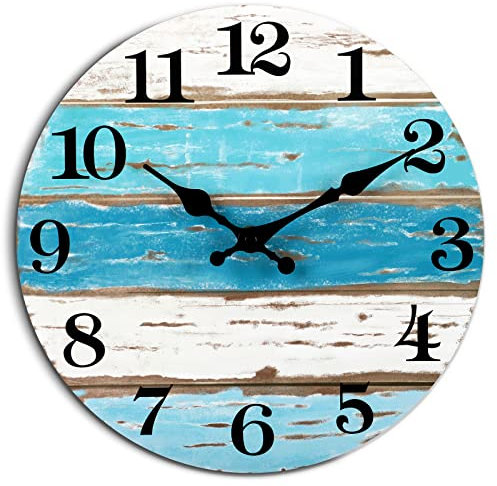 Orologio da parete blu a tema spiaggia, funzionamento a batteria, silenzioso, senza ticchettio, vintage, rotondo, rustico, costiero, nautico, decorativo, per casa, cucina, soggiorno, ufficio, bagno,