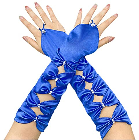 GIVBRO Långa satinhandskar fingerlösa vantar rosett vintage brudhandskar tillbehör för kvinnor festbarer bröllop utklädnad blå