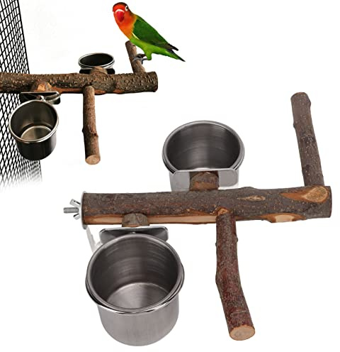 Ciotola Grande per Gabbia Pappagalli,Tazze per Pappagallo in Acciaio Inossidabile con Supporto in Legno,portabicchieri per Gabbia per Uccelli,Mangiatoie Combinate,per Mangiatoia per Cibo ad Acqua