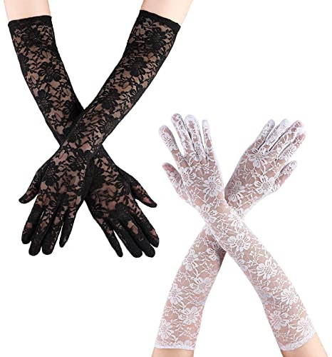 TSHAOUN Long Lace Gloves,Floral Lace Gloves,Black white Elbow Length Gloves,1920s Costumefor Halloween Party Costume Accessory Evening Party. (black white)