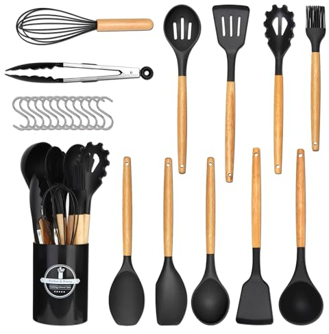 Set Utensili Da Cucina 24 Pezzi, Set Utensili Da Cucina Set Di Spatole Per Pentole In Silicone Antiaderente Resistente Al Calore Utensili Da Cucina Con Manico In Legno, 12 Ganci A S Lavastoviglie