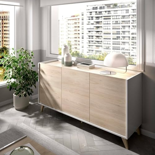Dmora - Credenza Avez, Buffet da soggiorno, Madia moderna da salotto a 3 ante, 155x43h75 cm, Rovere e Bianco