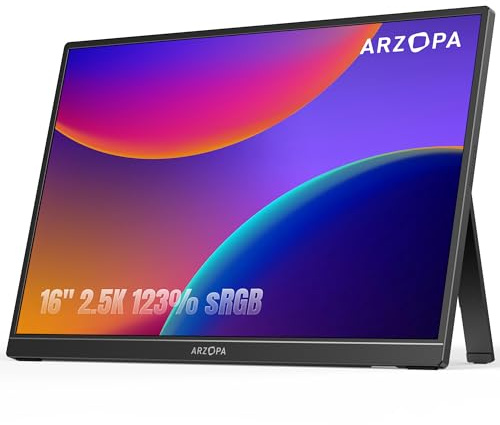 ARZOPA 2,5 K bärbar bildskärm 16 tum 2560 x 1600 HDR-stativ, 500 nits 8 bit QHD USB-C HDMI bärbar skärm, 16:10 IPS ögonvård extern andra skärm för Mac PC telefon PS4/5 Xbox Switch – Z1RC