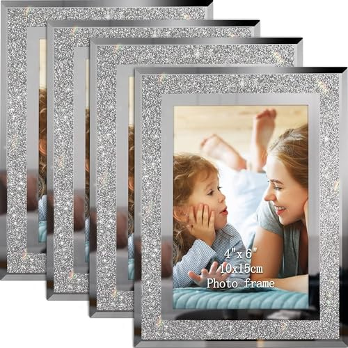 FWEEK Set di 4 Cornice Foto 10 X 15 cm, Cornice Glitterata, Cornice in Vetro per Case, Uffici, Foto Di Nozze, Regalo, Orizzontale o Verticale