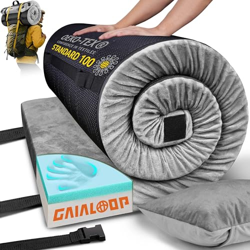 GAIALOOP 3 Inch Memory Foam Camping Mattress, Dual Layer Thick Sleeping Camp Pad for Car Tent Cot, Roll-Up Portable Glamping Floor Bed for Guests Sleepover[Cot: 72 * 24 * 3]