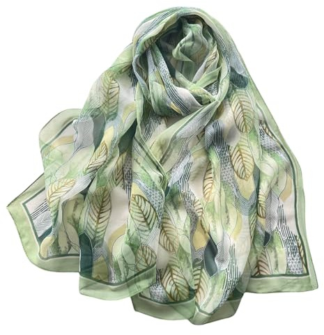 FAIRYGATE Green Scarf Feather Pattern Style Scarves Chiffon and Light Soft and Comfortable Georgette Material for Women Lady Girl Classic Accessory B7014