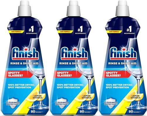 Finish, Liquide de rinçage pour lave-vaisselle, nettoyant citron Rinse & Shine Cleaner, 400 ml (3 x 400 ml, total 1,2 L), nettoyage ultime et brillance diamant, protection du verre, prévention des