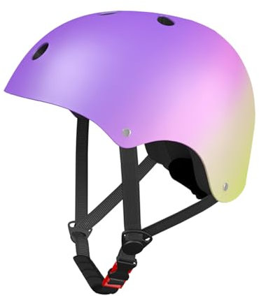 LANOVAGEAR Skaterhelm Fahrradhelm, Belüftung Sicherheit leicht Skateboarding Helm für Fahrrad Skateboard Scooter Kind Erwachsene (lila+rosa+gelb, M)