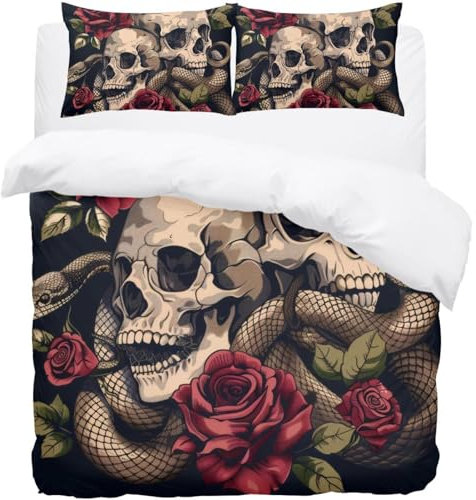 Luoweisi Skulls Snakes Roses Queen Bed Duvet Cover Set Duvet and Pillow Set Microfiber Bedding Girls Boys Men Women