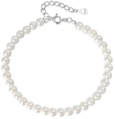 Candyfancy Perlenarmband Damen Weiße Runde Simulierte Perlen 16+3cm Verstellbare Lange Armband für Damen Frauen Geschenke, Perlen 4mm
