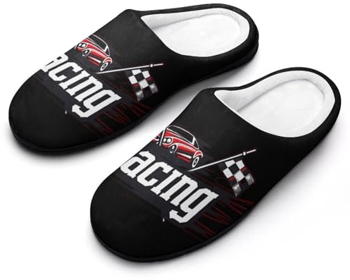 Zapatillas de algodón para hombre con diseño de coche de carreras con bandera a cuadros, suela suave, antideslizante, impresa, zapatos para el hogar, interiores y exteriores