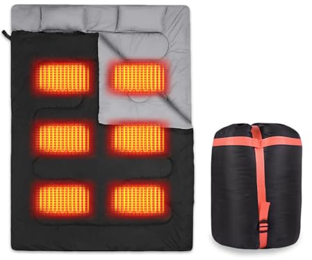 Miuxe Saco De Dormir con Doble Calefacción para Adultos, Saco De Dormir con Calefacción Tamaño Queen 3 Estaciones para Clima Frío Y Cálido, Saco De Dormir Eléctrico USB para 2 Personas para Acampar