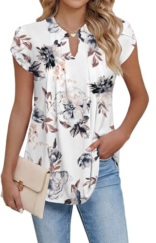 Cuptacc T-shirt för kvinnor, kortärmad, V-ringad tunika, elegant, rynkad, blommig blus, topp