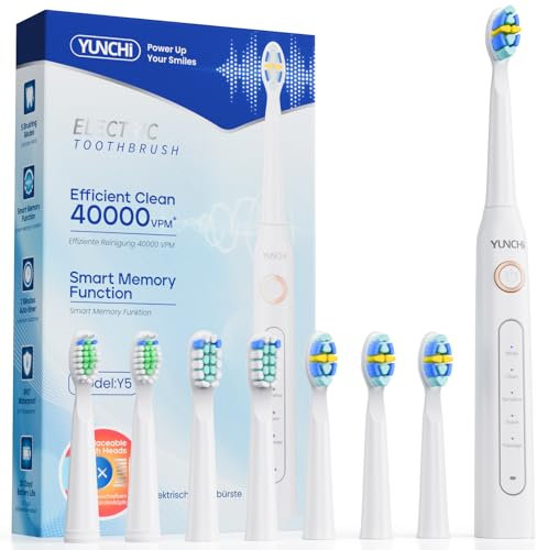 YUNCHI Elektrische Zahnbürste, wiederaufladbare Schallzahnbürste mit 8 Bürstenköpfen, 40.000 VPM, intelligenter Timer, 5 Reinigungsmodi, halten 30 Tage, elektrische Zahnbürsten für Erwachsene und