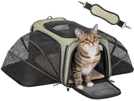 Petsfit Expandable Cat Carrier, Airline Approved Soft-Sided Pet Travel Bag for Small Dogs & Cats, Dual-Sided Extension Up to 5kg, Washable Grey Pet Carrier for Travel