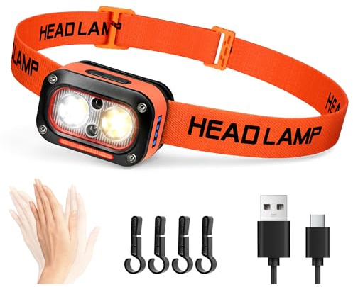 DARKBEAM Lampe Frontale LED Ultra Puissante Rechargeable, Torche Frontales Lumière Blanche, Jaune, Rouge pour Casque de Chantier avec Détecteur de Mouvement, étanche pour Camping, Randonnée, Travail