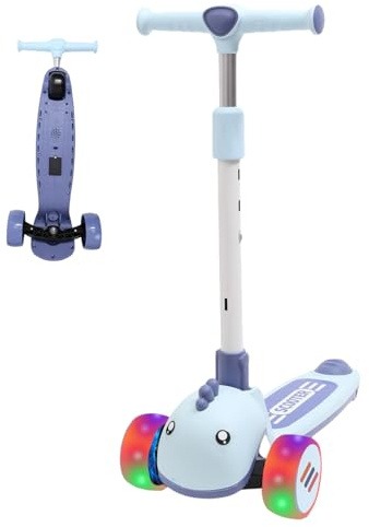 Habib Kinderroller Tretroller - 3-Rad LED Roller, Höhenverstellbar & Faltbar, Tierdesign, Mädchen & Jungen (3-8 Jahre) - Blau
