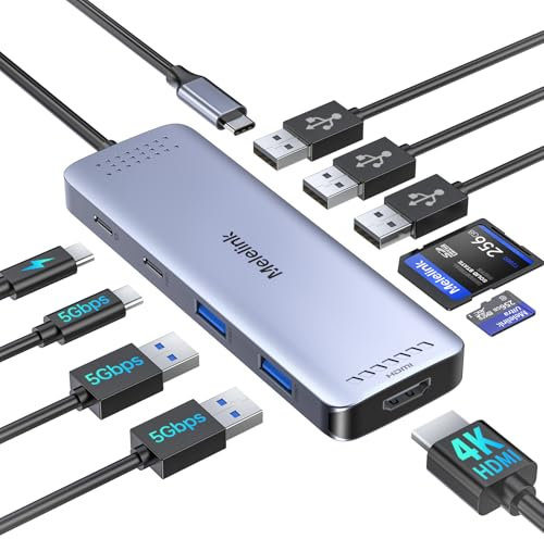 Hub USB C, Melelink 10-en-1 Adaptateur Multiport USB-C vers HDMI 4K @60Hz, 100W PD, 6 Ports USB 3.0&2.0, Lecture de Carte SD/TF, Dock USB C pour MacBook Pro Air iMac Dell HP Tablette USB Hub Type C