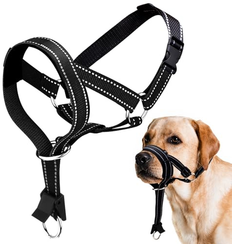 Dog Muzzle with Adjustable Head Halter - Reflective Training Harness, Neoprene Padding & Anti-Pull Function for Safe Walks (Black, M)