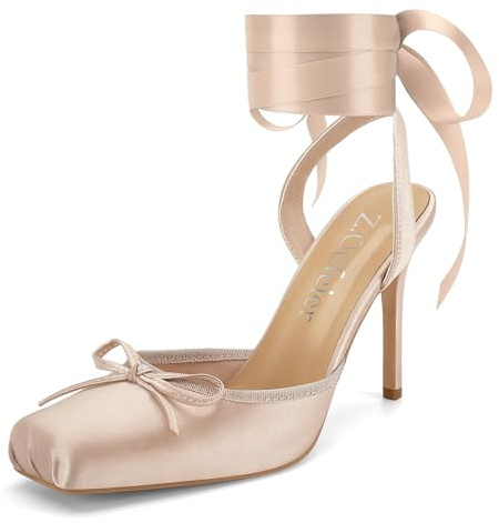 Women's Satin Ballet Heels Ballerina Bow Closed Square Toe Strappy Stiletto High Slingback Lace Up Ankle Strap Wrap Around Spiral Mary Janes Pumps Dress Shoes, Light Pink, 7 UK