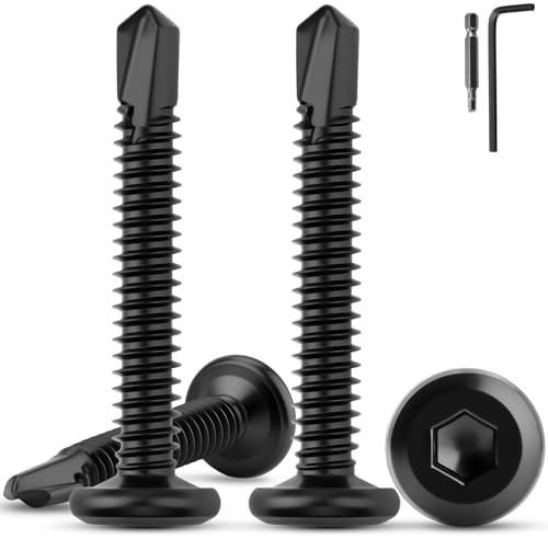 sturiz 60 Pièces Vis Autoforeuse Inox Metal Noir 6.3x25mm Vis à Tôle Plate Autotaraudeuse Vis Autoperforante Noire Tete 410 à Six Pans Creux Autoforeuses Noires avec Tournevis Clé Allen