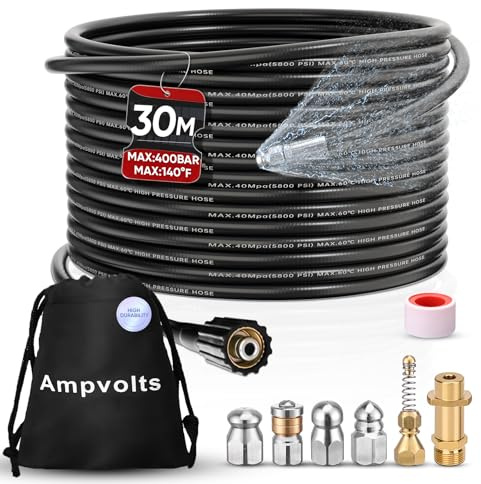 Ampvolts 30 m Sonda Sturatubi per Idropulitrice - 400 Bar/5800 PSI, 5 Ugelli e 1 Adattatore in Ottone, Compatibile con Karcher K2 K3 K4 K5 K6 K7 - Pulizia Facile dei Tubi