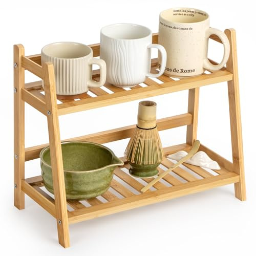 ANBOXIT Porte Tasses en Bambou 2 Étages, Étagère de Café Cuisine | Rangement Épices, Organisateur pour Café et Accessoires Matcha - pour Coffee Bar, Plan de Travail, Bureau