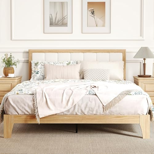 HOMCOM Queen Size Bed Frame with Upholstered Headboard, Platform Bed Frame with Wooden Slats, No Box Spring Needed, Easy Assembly, Natural