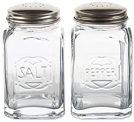 RSVP International Jumbo Retro Glass Salt & Pepper Shaker, Screw On Stainless Steel Lid, Each Shaker Holds 8 Ounces, Clear, 2.25x2.25x4.3, 2 Piece