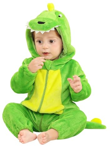 MOMBEBE COSLAND Baby Boy Dinosaur Hooded Romper Jumpsuit Infant Halloween Costume, Green Dinosaur, 12-18 Months