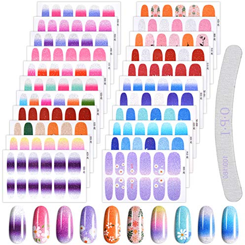 EBANKU - 22 hojas de calcomanías de esmalte de uñas con lima de uñas, color puro, flores brillantes, autoadhesivas, kits de manicura, diseños de arte de uñas para mujeres y niñas