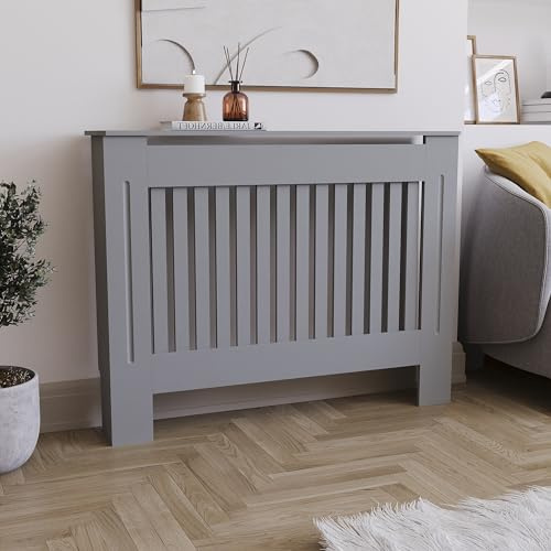 Vida Designs Chelsea Cubierta de radiador Olive Grey - Mediano - Lamas Verticales Modernas para Mejor circulación del Calor - H82xW111xD19cm - MDF Pintado para salón y Pasillo