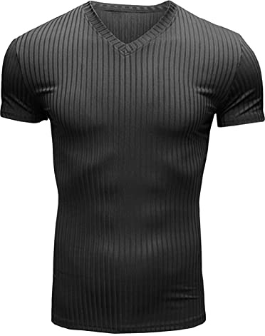 Herr v-ringad randig kortärmad casual muskel fitness sport t-shirt lätt veke smal T-shirt - tröja, svart, L