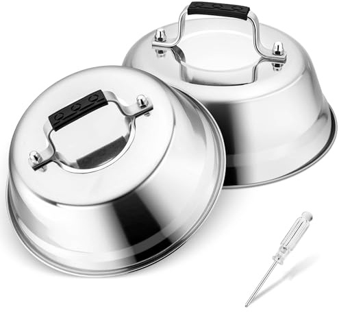 Joyfair Cupola per sciogliere il formaggio, 2 pezzi, coperchio in acciaio inox con manico in plastica, copertura per hamburger per interni ed esterni, griglia barbecue, manico resistente al calore e