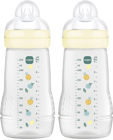 MAM Pack 2 Biberones, 2-4 Meses, 270ml, con Tetina 2 de Flujo Medio de Silicona de Fácil Aceptación, Fácil de Sostener, Fácil de Limpiar, MAM Easy Active, Neutro Brillante, Pack de 2uds