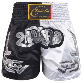 Miaeowve Kinder Junge Muay Thai Short Fighter Thaishorts Thaiboxen Hose Kickboxen Kurz Leggings Kickboxing Sportbekleidung Fitness Schwarz-Weiss 158-164
