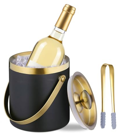 Sipoyen Ice Bucket with Lid, Handle and Tong Black Gold Insulated Stainless Steel Champagne Bucket 2L Wine Bucket for Party Bar Cart Accessories Large Double Wall Bucket Keep Frozen