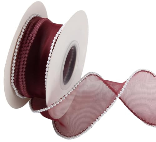 CABODYALS 4.57M 40mm Dark Red Faux Pearl Edge Ribbon Burgundy Sheer Wired Chiffon Organza Mesh Fishtail Yarn Ribbons Bundle Roll with Spool for Sewing Making Craft Gift Wrapping Christmas Party DIY