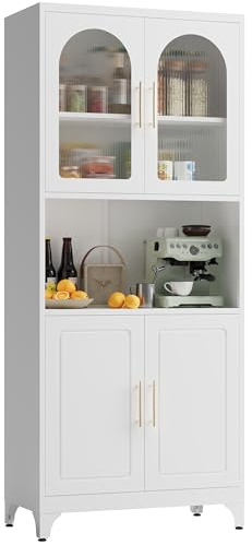 Kubohogar 75 Tall Kitchen Pantry Cabinet, Metal Storage Cabinets with Acrylic Doors and Adjustable Shelves, Hutch Cabinet with Storage, White Microwave Stand Cabinets for Dining Living Room