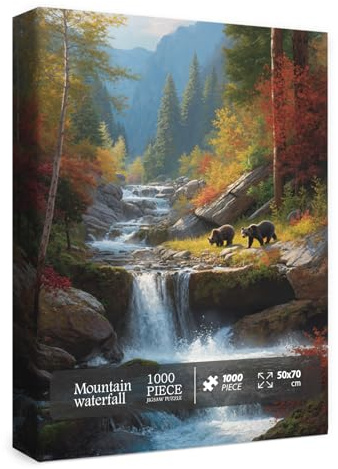 Fall Waterfall Landscape Puzzles for Adults 1000 Pieces, Challenging Forest Mountain Jigsaw Puzzle, Autumn Nature Plant Tree Bear Puzzle