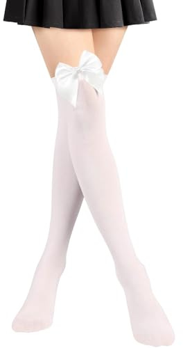 NONSOMPLE Women’s Satin Bow Thigh High Stockings White Silk White Bow Over Knee Long Socks for Costume Cosplay