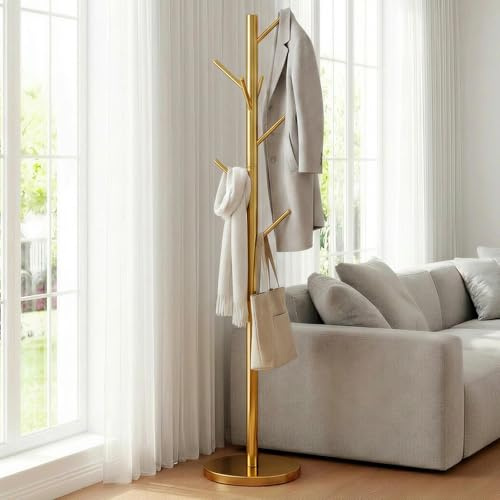 Miuuod Appendiabiti autoportante dorato con 8 ganci, moderno supporto in metallo per giacche, cappelli, vestiti e borse, albero appendiabiti salvaspazio per camera da letto, soggiorno, ufficio